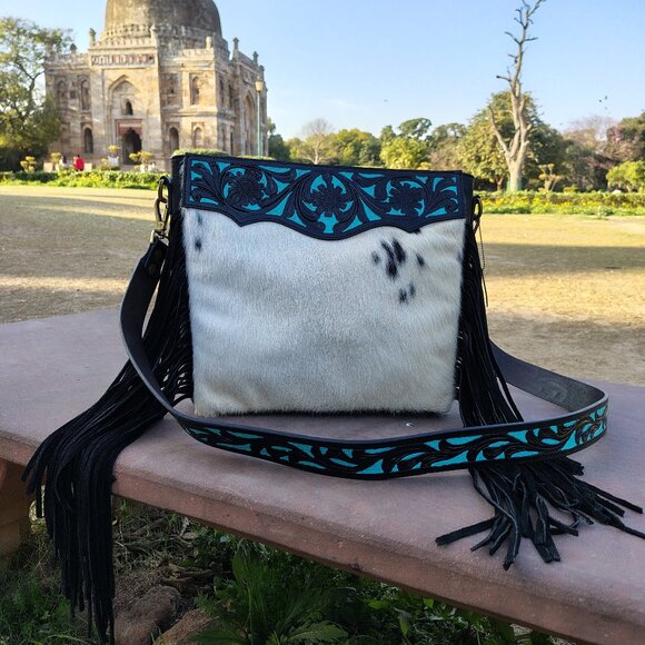 Western Fringe Purse, Tooled Cowhide Tote Bag with Detachable Crossbody Strap - Picture 1 of 11